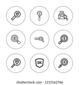 Inspection icon set. collection of 9 outline inspection icons with search, verification icons. editable icons.