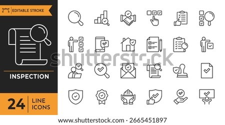 Inspection icon set. Containing Inspection, supervision, examination, inspection assessment and more. editable stroke. vector illustration