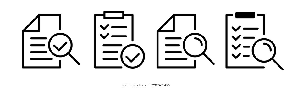 Inspection icon set. Magnifier assessment checklist icon. Set of checklists with gear. Different inspection icons. Checklist icons. Vector illustration.