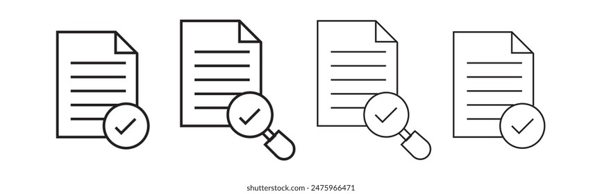 Juego de iconos de inspección. Icono de lista de comprobación de evaluación del ampliador. Conjunto de listas de verificación con engranaje. Diferentes iconos de inspección. Iconos de lista de comprobación. Ilustración vectorial.