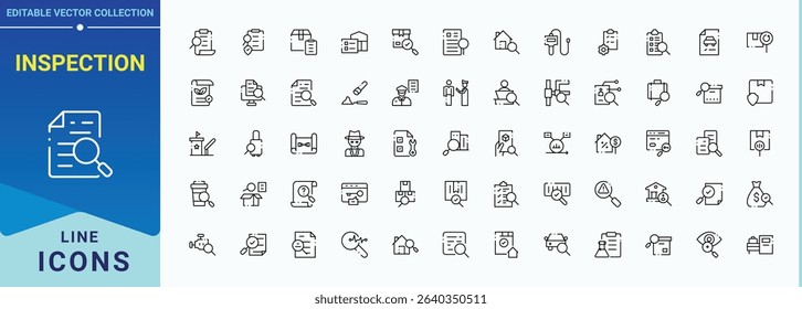 Inspection icon set. Thin outline icons pack. Contain linear sign document, inspector, audit, verification, analysis. Editable stroke vector art. Inspector icon collection.