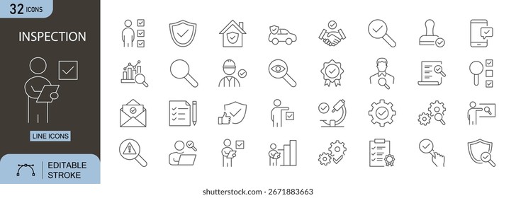 Inspection icons set. Includes magnifier, check, audit, review, and compliance symbols. Editable stroke. Line icons. Perfect for business, factory, and quality control.