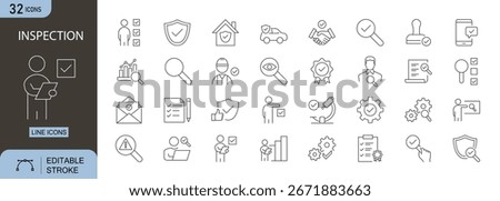 Inspection icons set. Includes magnifier, check, audit, review, and compliance symbols. Editable stroke. Line icons. Perfect for business, factory, and quality control.