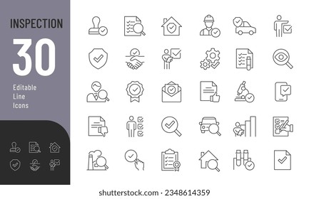 Inspection Line Editable Icons set. Vector illustration of verification web icons in thin line style: inspector, testing, inspection report, quality control, house inspection. Isolated on white