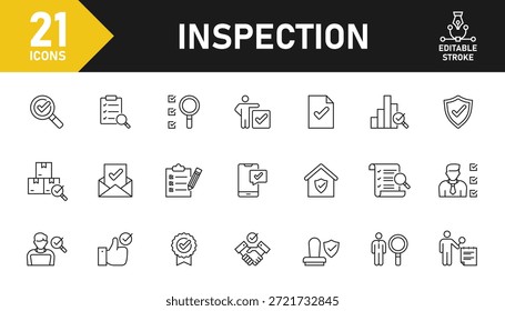 Inspection line icon set. Set of 21 outline icons related to inspection, examination, quality control, testing, check and others. Editable stroke. Vector illustration.