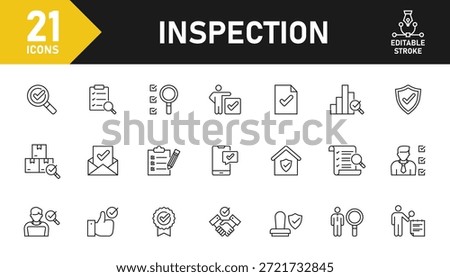 Inspection line icon set. Set of 21 outline icons related to inspection, examination, quality control, testing, check and others. Editable stroke. Vector illustration.