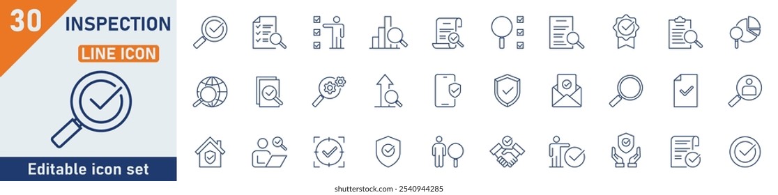 Inspection line icon set. Set of 30 outline icons related to inspection, examination, testing, check, quality control and others. Vector illustration.