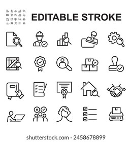 Inspection line icon set. Included the icons as inspect, qualify, quality control, check, verify, and more.