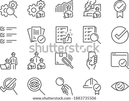 Inspection line icon set. Included the icons as inspect, QA, qualify, quality control, check, verify, and more. Foto d'archivio © 