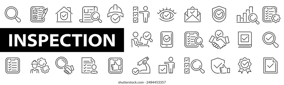 Inspection line icon set. Inspect, QA, qualify, quality control, check, verify, examination, testing and more. Vector illustration.