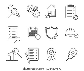 Inspection line icon set. Thin line icons for quality control, check, verify, testing, examination, inspect. Vector