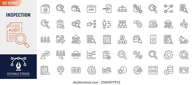 Inspection line icons set. Editable stroke. Containing as test, check, control, analysis and more. Vector illustration