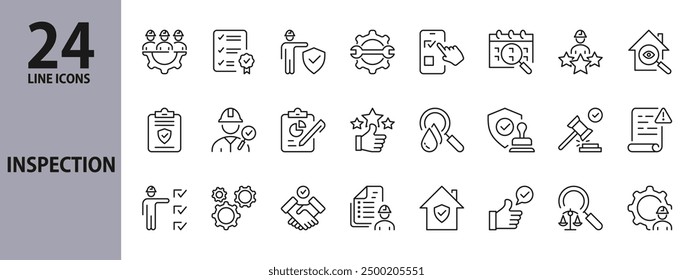 Inspection line icons set with Quality Control, Examination, Certificate, House Inspection, Test, Verification, Setting, Selection, Specification, Magnifying and more. Editable Stroke