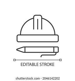 Lineares Kontrollsymbol. Bauinspektor Neue Baubewertung. Mängelprüfung. Dünne, anpassbare Illustration. Contour-Symbol. Vektor-einzelne Rahmenzeichnung. Bearbeitbarer Hub