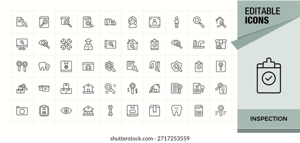 Coleção de ícones lineares de inspeção. Coleção de ícones minimalistas do inspetor. Pacote de ícones minimalistas. Conjunto de ícones de pesquisa. Ilustração vetorial.