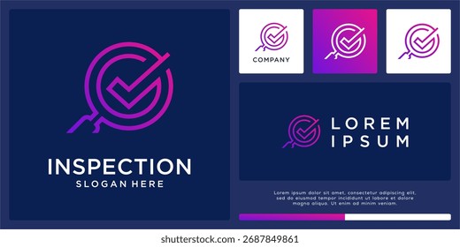 Design do logotipo de inspeção com ampliação e marca de verificação