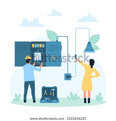 Inspection and maintenance repair service of panel cabinet with electric meter vector illustration. Cartoon electrician standing near breaker and fuse box, fixing electricity failure and switchboard ストックフォト © 