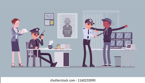 Inspection process. Suspect, guilty of a crime or offence person in the office of a local police force under careful examination of policeman. Public, private city safety concept. Vector illustration