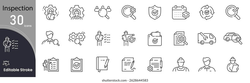 inspection related icon collections. Containing Inspection, Audit, Check, Review, Quality, Control, Survey, Report, Verification, and Assessment icons. Editable Stroke. Outline icon.
