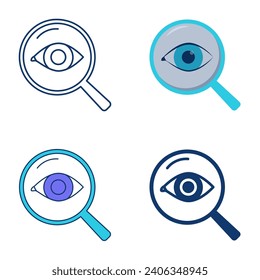 Inspection or review icon set in flat and line style. Magnifying glass and eye. Monitoring, control symbol. Vector illustration