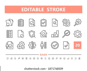 Inspection and Testing 20 line icons. Vector illustration in line style. Editable Stroke, 64x64, 256x256, Pixel Perfect.