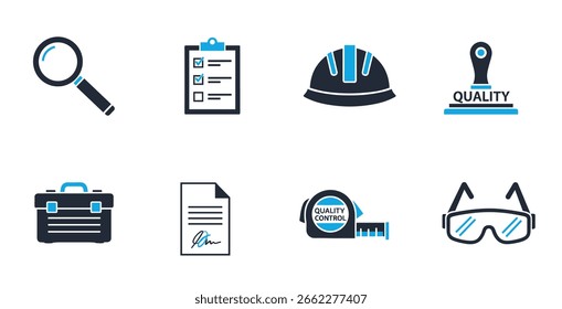 Coleção de ícones de vetor de inspeção com a área de transferência da lista de verificação de lupa e símbolos de controle de qualidade