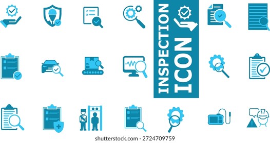 Inspection and Verification Icons featuring Document Review, Car Inspection, Security Guard, and Technical Support. Corporate Icons for Quality Management Systems.