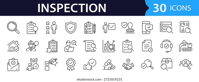 Inspection Web Icon Set in Linear Style. Collection of quality control, line icons, including checks product, evaluation, testing, quality assurance, certification, check and more. Editable stroke