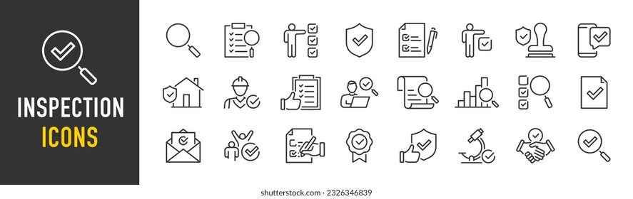 Inspection web icons in line style. Examination, testing, quality control, check, inspect, collection. Vector illustration.