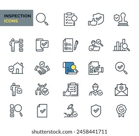 Inspection web icons line style. Collection, check, inspect, examination, testing, quality control. Vector illustration. Images produced without the use of any form of AI. software