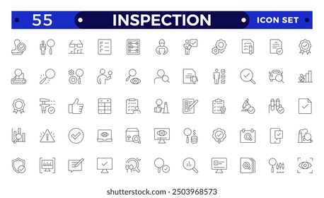 Inspection web icons set in thin line design. Pack of inspection, hire, calculation money, coaching, protection, cooperation, success, task, other outline stroke pictograms. 
