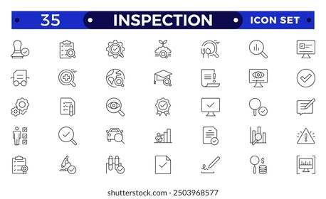 Inspection web icons set in thin line design. Pack of inspection, hire, calculation money, coaching, protection, cooperation, success, task, other outline stroke pictograms. 
