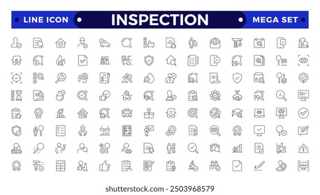 Inspection web icons set in thin line design. Pack of inspection, hire, calculation money, coaching, protection, cooperation, success, task, other outline stroke pictograms. 
