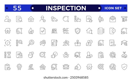 Web-Icons für die Inspektion in dünner Linie. Paket von Inspektion, Miete, Kalkulation Geld, Coaching, Schutz, Zusammenarbeit, Erfolg, Aufgabe, andere Umriss Schlaganfall Piktogramme. 
