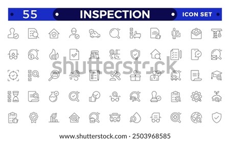 Inspection web icons set in thin line design. Pack of inspection, hire, calculation money, coaching, protection, cooperation, success, task, other outline stroke pictograms. 
