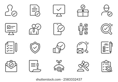 Inspection web line icons set. Pack of inspection, hire, calculation money, coaching, protection, cooperation, success, task, other outline stroke pictograms.