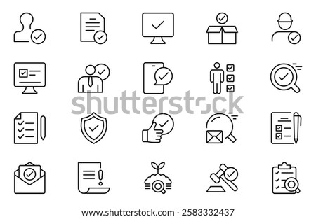 Inspection web line icons set. Pack of inspection, hire, calculation money, coaching, protection, cooperation, success, task, other outline stroke pictograms.
