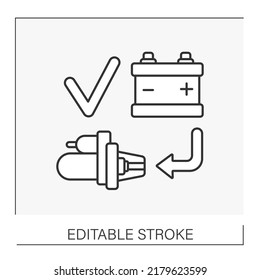  Inspections Line Icon. Change Battery And Starter For Better Work. Car Service Concept. Isolated Vector Illustration. Editable Stroke