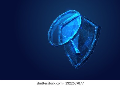 Inspections system. Magnifying glass and knight shield. Security. Check and protection. Low-poly wireframe 3D  vector illustration. Digital polygonal dark blue illustration or background.