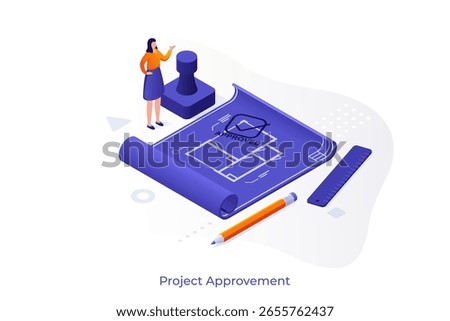 Inspector with building plan and stamp. Real estate construction project approvement concept isometric vector illustration. Safety engineer checking blueprint cartoon character scene