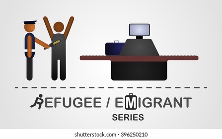 Inspector check a man at the border control. Refugee emigrant series