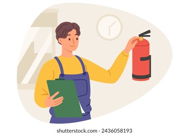 Inspector checks fire extinguisher hanging on wall inside office, taking care of functionality of anti flame equipment. Chemical powder fire extinguisher to ensure safety of company personnel