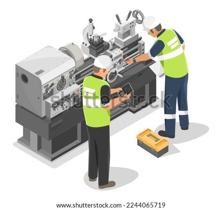 Inspector Engineering and technicians checking service maintenance on Heavy Duty Metal Lathe Machine metalworker industrial concept isometric isolated Сток-фото © 