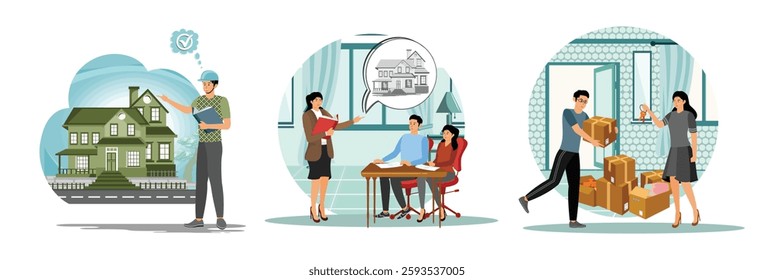 Inspector Examining Green House Property with Checklist and Thought Cloud. Professional real estate agent discussing property options. A couple moving into a new home. 