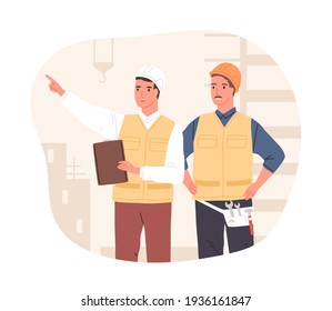 Inspector And Foreman In Hardhats At Construction Site. Supervisor Or Manager Controlling Building Process. Colored Flat Vector Illustration Of Workers In Hard Hats Isolated On White Background