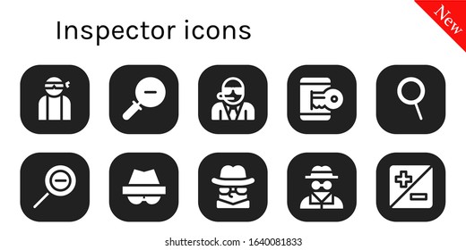 inspector icon set. 10 filled inspector icons. Included Hacker, Zoom out, Bodyguard, Zoom, Detective, Invisible man icons
