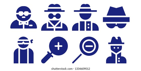 inspector icon set. 8 filled inspector icons.  Simple modern icons about  - Hacker, Bodyguard, Zoom in, Invisible man, Zoom out, Detective, Spy