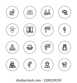 Inspector icon set. collection of 16 outline inspector icons with bodyguard, detective, hacker, gangster, macro icons.
