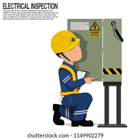 An inspector is inspecting the electrical cabinet on transparent background