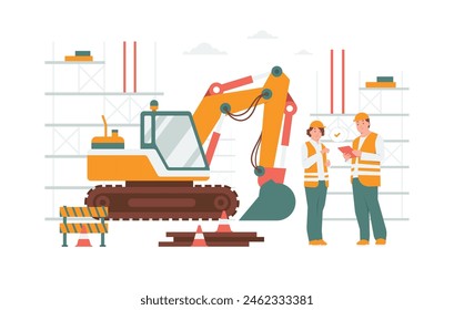 Inspector land development manager holding tablet on construction site with excavators preparing for laying foundation concept illustration